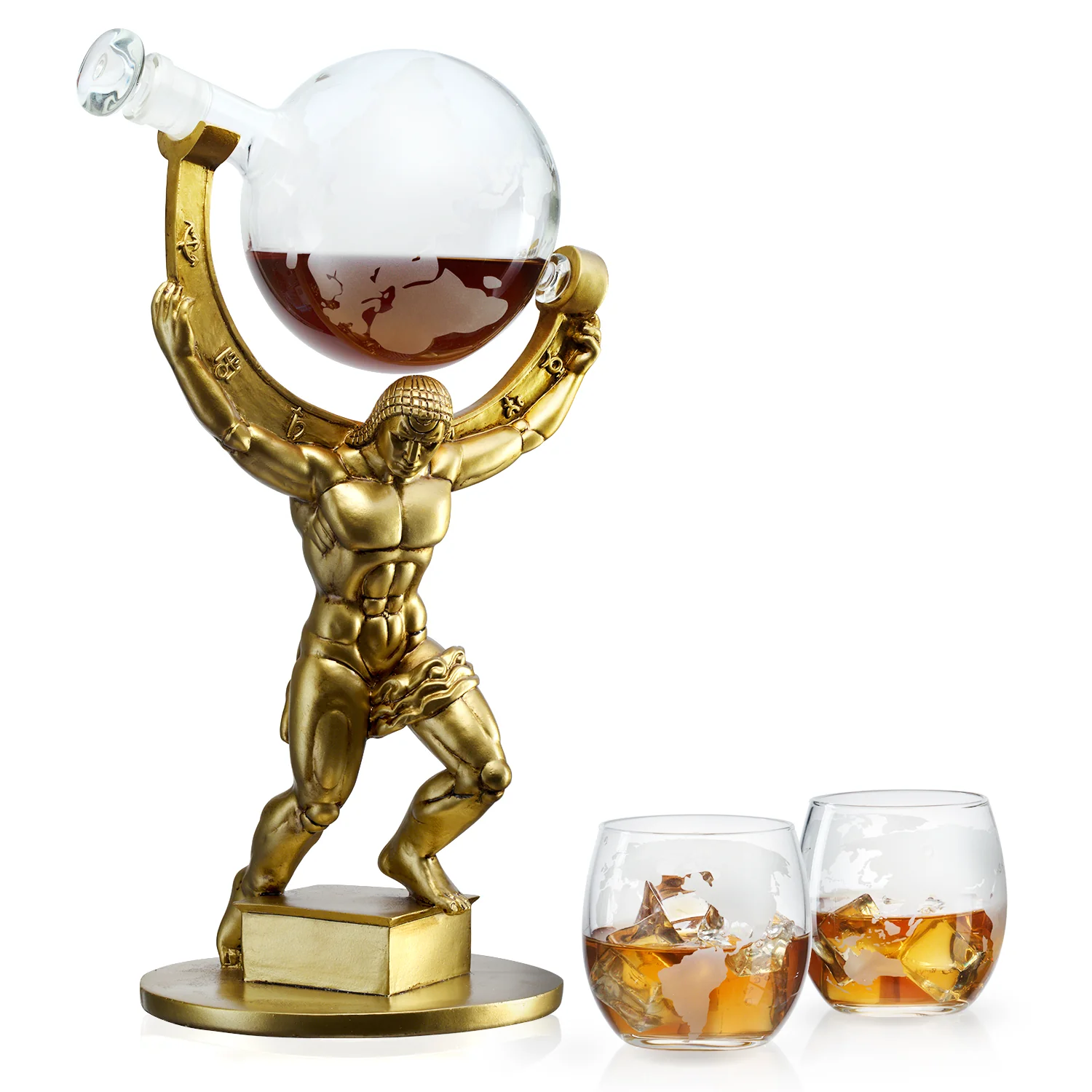Atlas Bronze World Globe Whiskey Decanter Set - 15" Tall - With 2 World Glasses - For Whiskey, Scotch, Bourbon, Cognac and Brandy - 1000ml - By The Wine Savant - Atlas Decanter Whiskey - Image 6
