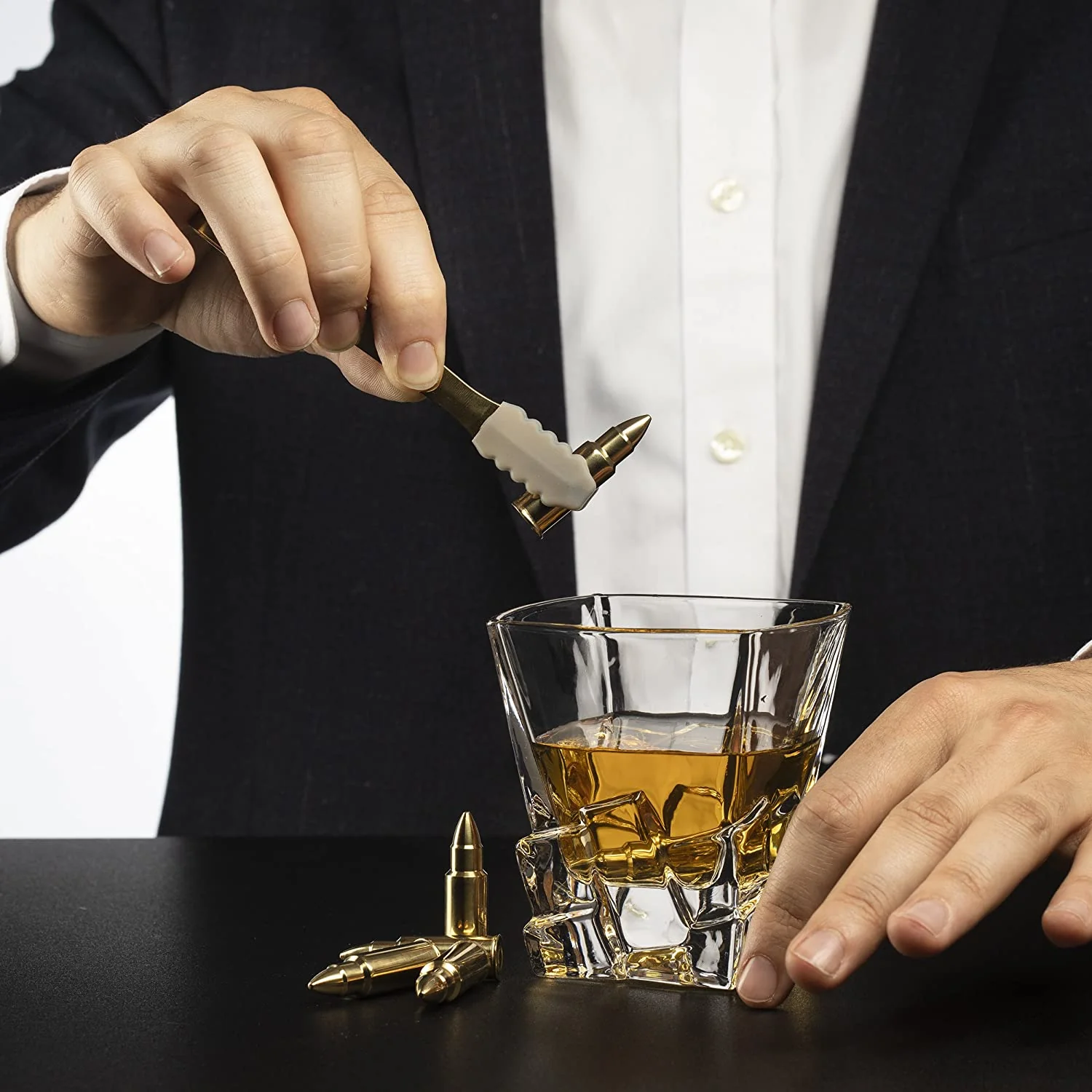 Bullet Whiskey Chillers Stones - 1.75in Whiskey Rocks by The Wine Savant Set of 6 - Stainless Steel Bullet Shaped Ice Cubes, Gift Box Come, Tongs and Storage Bag, Whiskey or Scotch Rocks (Gold) - Image 4