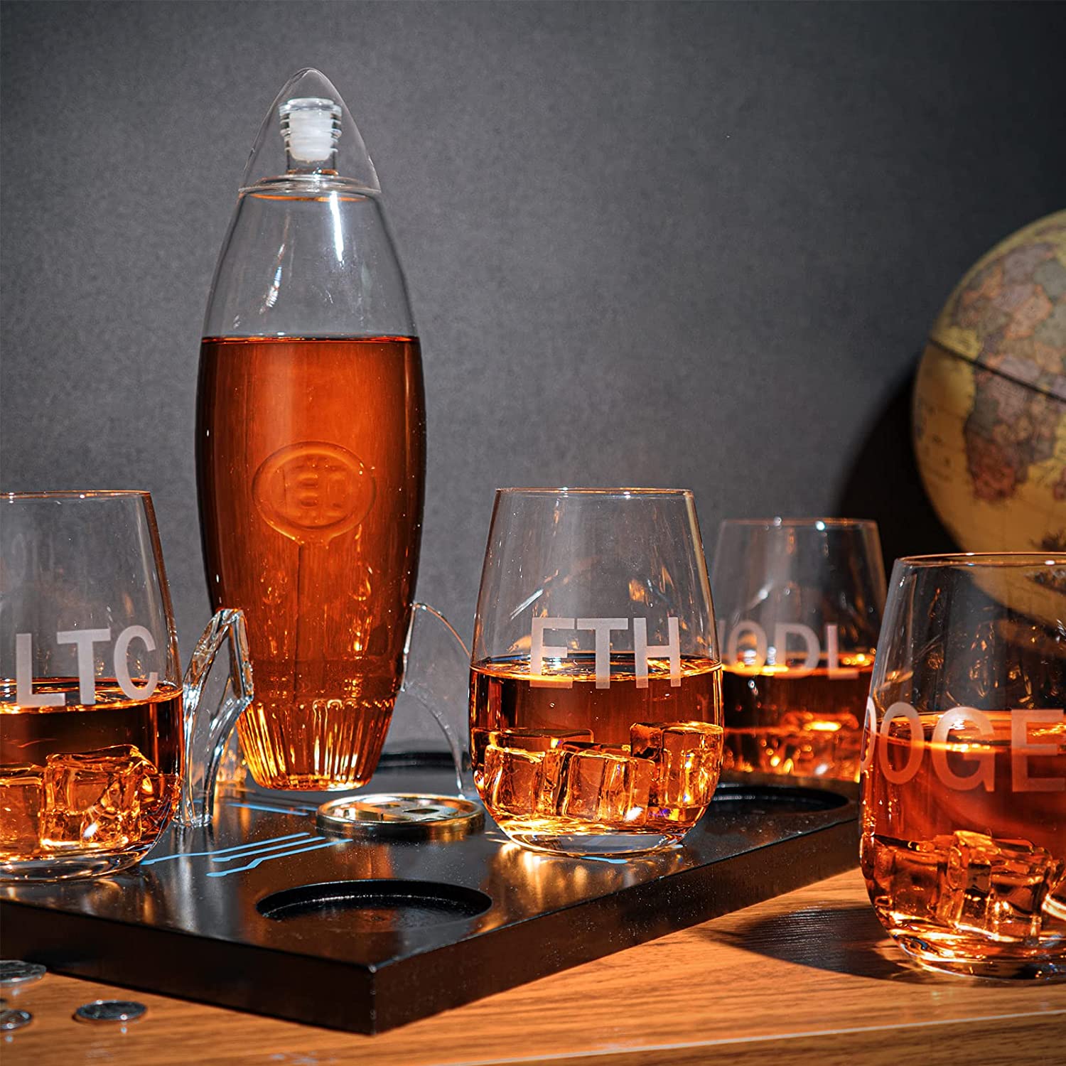 Cryptocurrency Decanter, Bitcoin Decanter To The Moon, Crypto Elon Musk Lovers Ethereum Whiskey & Wine Decanter Set 450ml Four 12 oz Glasses by The Wine Savant Rocket Decanter - Crypto Gifts, HODL - Image 4