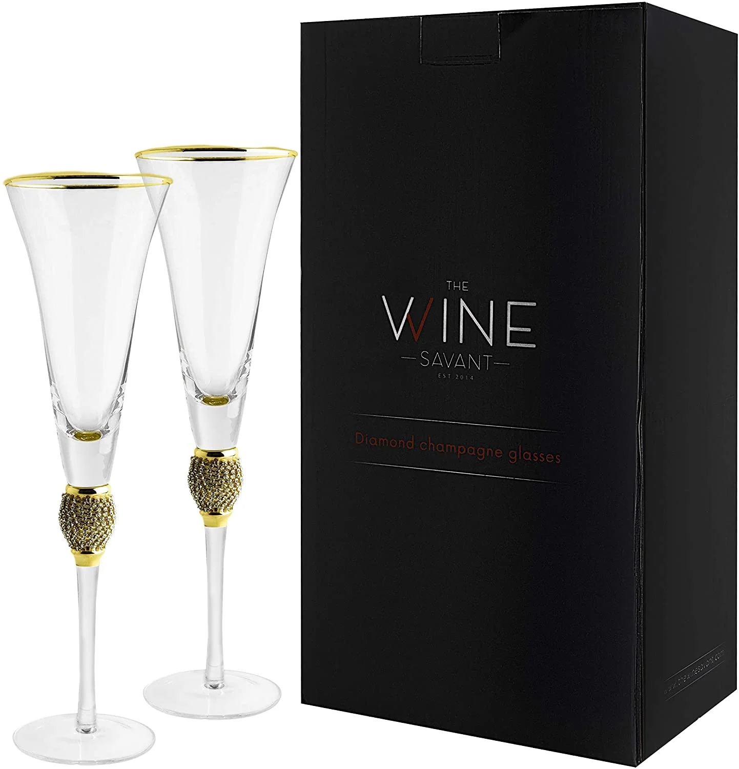 The Wine Savant Diamond Champagne Flutes Set of 2 Glasses, Dimond Rhinestone Studded Long Stem, 7oz, Premium Designed Champagne Glasses for Spirits and Wine, Gift Boxed - Image 3