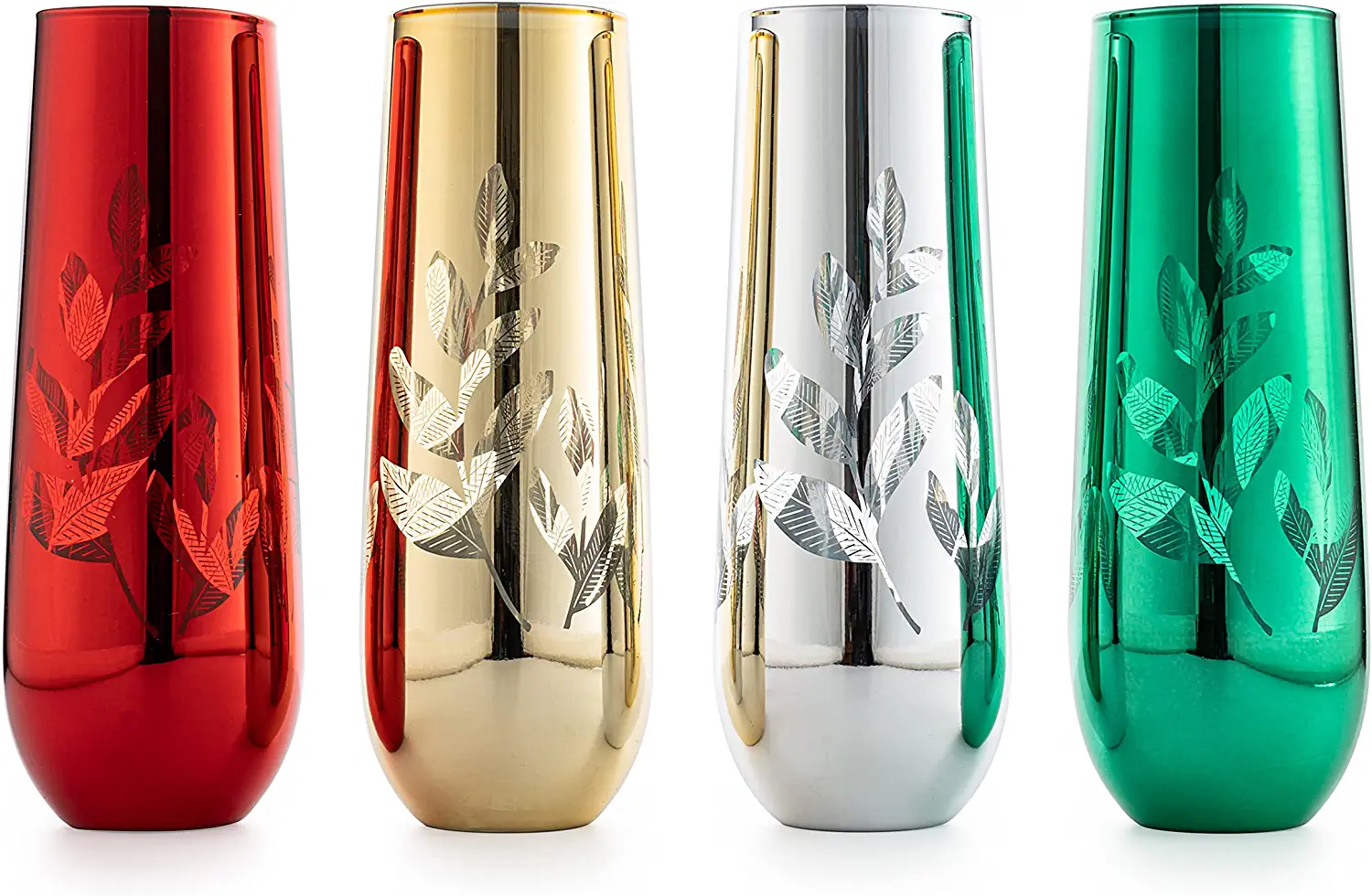 Multicolor 4-Piece Tree Stemless Wine & Water Glasses - Shining Red Green Yellow Silver, Perfect for Parties, Glass Trees Decor, Kitchen Home Decorations (Flutes) - Image 5
