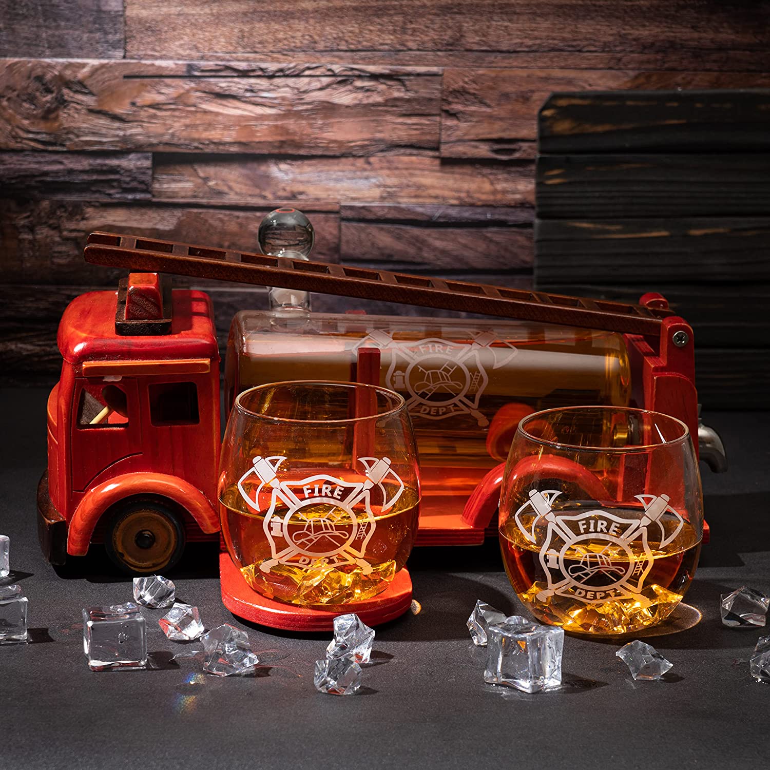 Firetruck Whiskey Decanter with Two 12 oz Glasses Gift Firefighter Gifts, Fireman, Firetruck Figurine, Police Gifts, Fire Department Gifts, Gifts for Firefighters! 600ml 13" L 6" H Gifts for Dad - Image 3