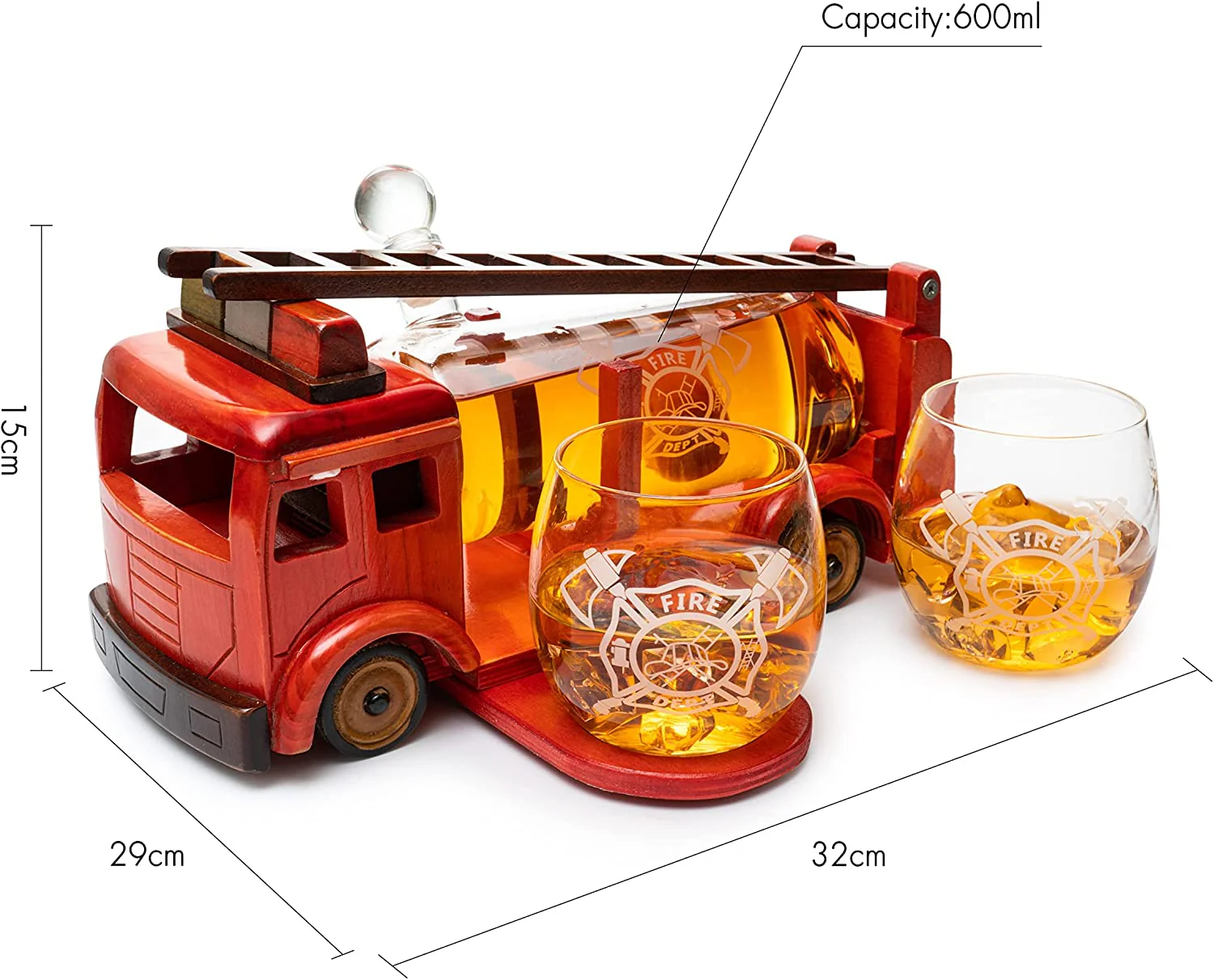Firetruck Whiskey Decanter with Two 12 oz Glasses Gift Firefighter Gifts, Fireman, Firetruck Figurine, Police Gifts, Fire Department Gifts, Gifts for Firefighters! 600ml 13" L 6" H Gifts for Dad - Image 6