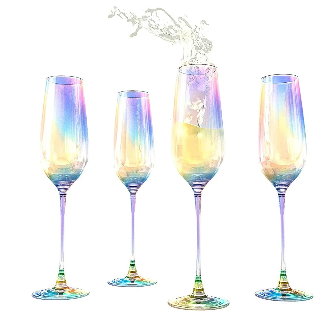 The Wine Savant Iridescent Glasses - Crystal Luster Radiance Set of 4 - Rainbow Colored Stemware Glassware, Durable Pearl Color Champagne Glasses, An Ethereal Shine (Tall Flutes) - Image 6