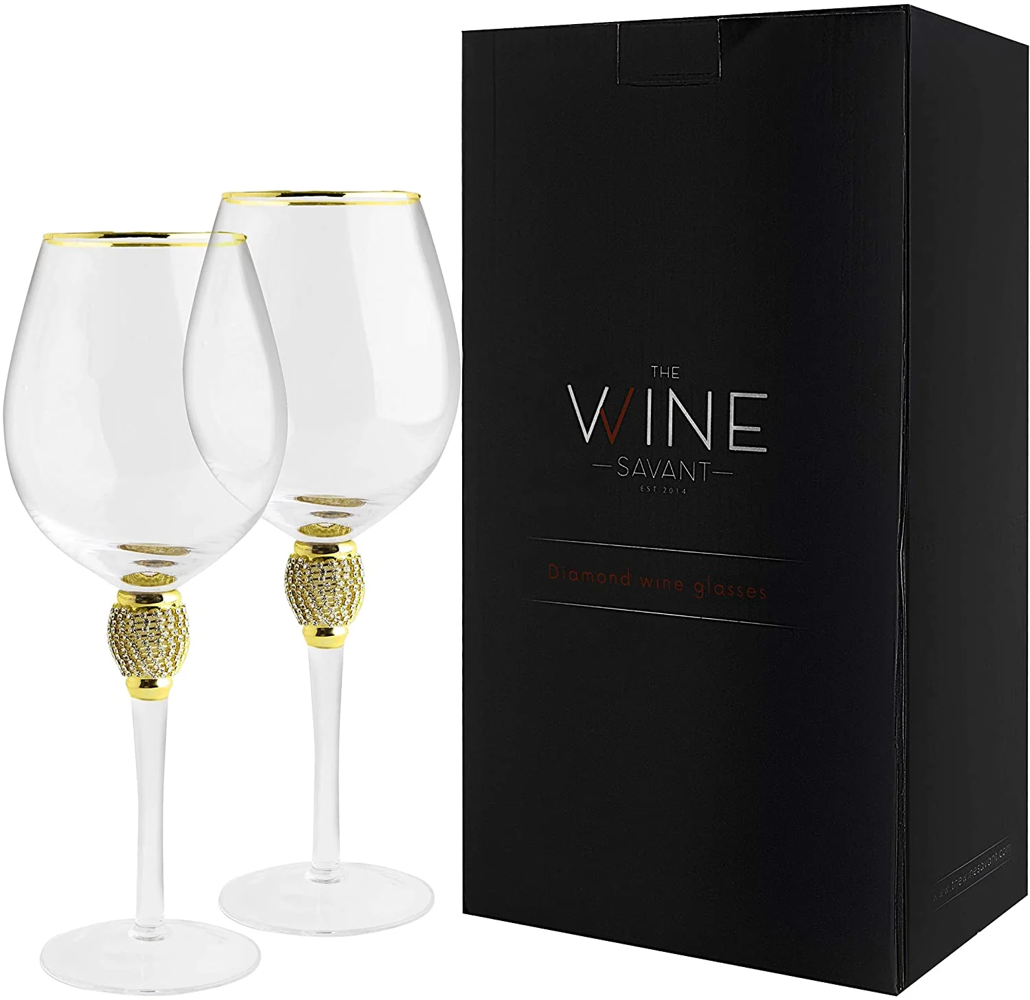 The Wine Savant Large Diamond Wine Glasses, Gold Rim Rhinestone Diamond Glasses - Wedding Glasses - 15 Ounce, Premium Designed Wine Glasses for Spirits and Wine, Gift Boxed (2, Clear) - Image 4