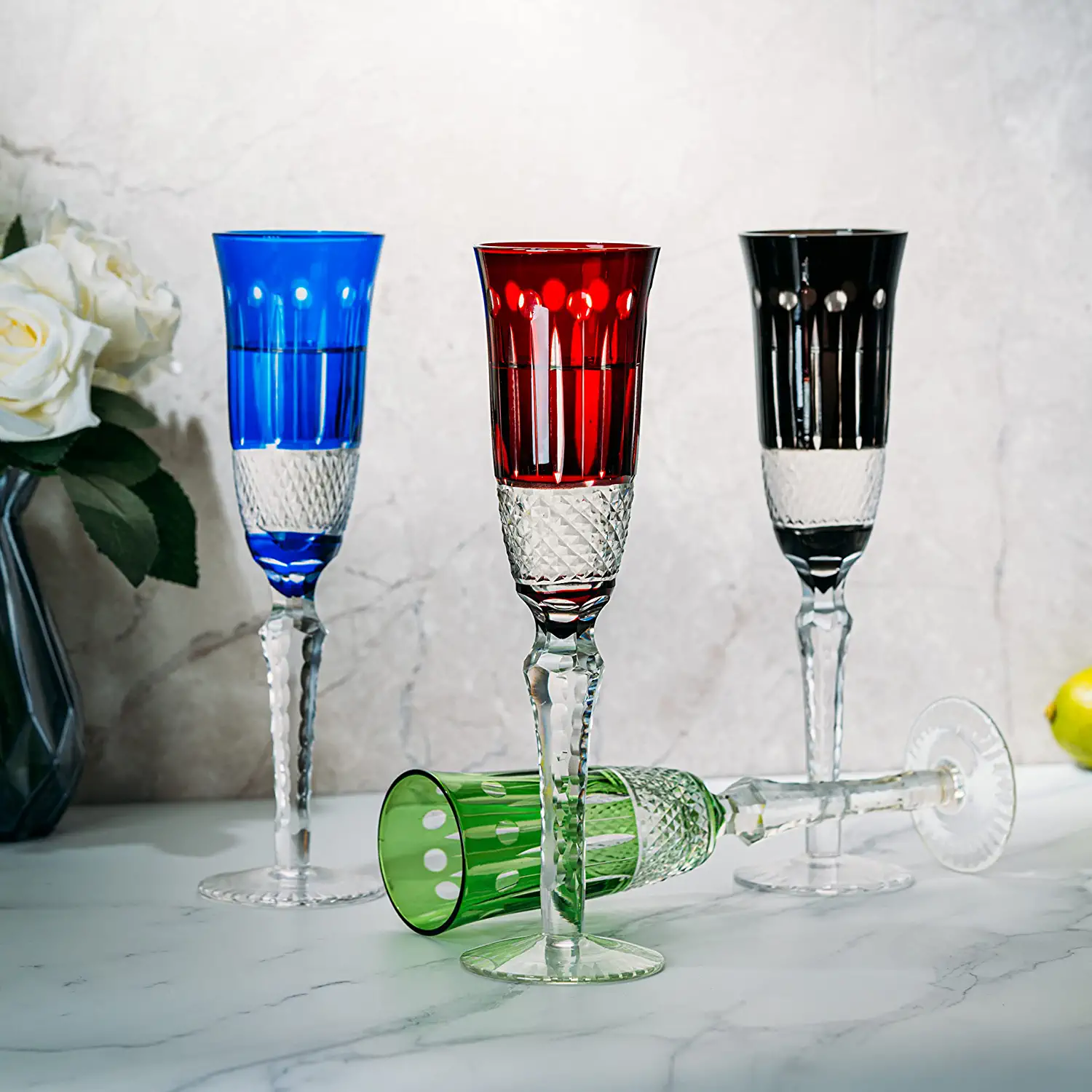The Wine Savant Crystal Italian Multicolor Design Flutes - 4 Set - 5oz 9" H Cocktail & Champagne Glassware Bohemian Venetian Style Red, Blue, Green, Black Glasses, Dinners Parties, Bars & Weddings - Image 3