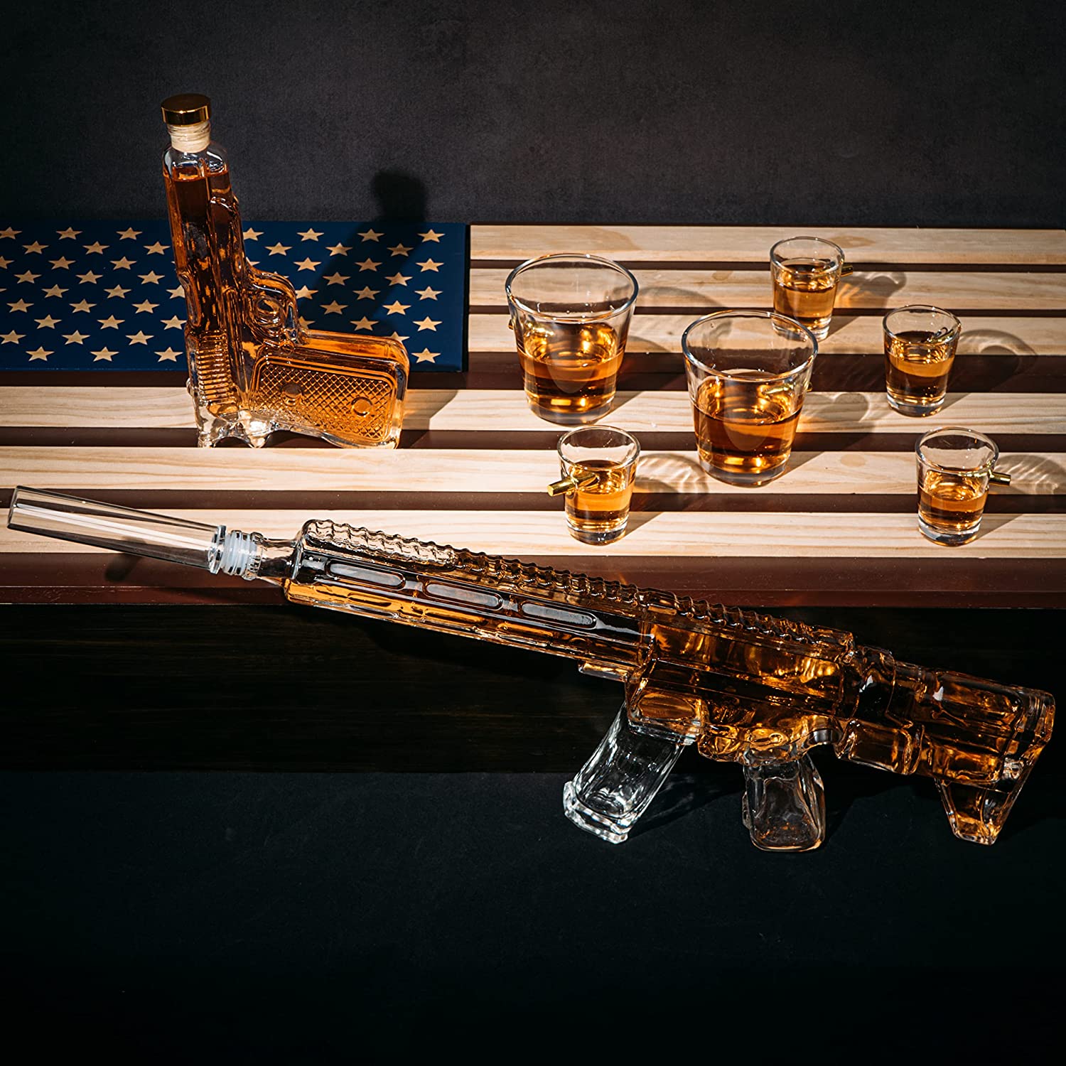 AR15 Whiskey Gun Decanter Flag Set - 1000ml Rifle & Pistol Set - Hanging Storage American Flag Gift Box & Bullet Glasses & Shot Glass, Great Gift for Army, Navy, Marines, Veterans & Gun Enthusiasts - Image 3