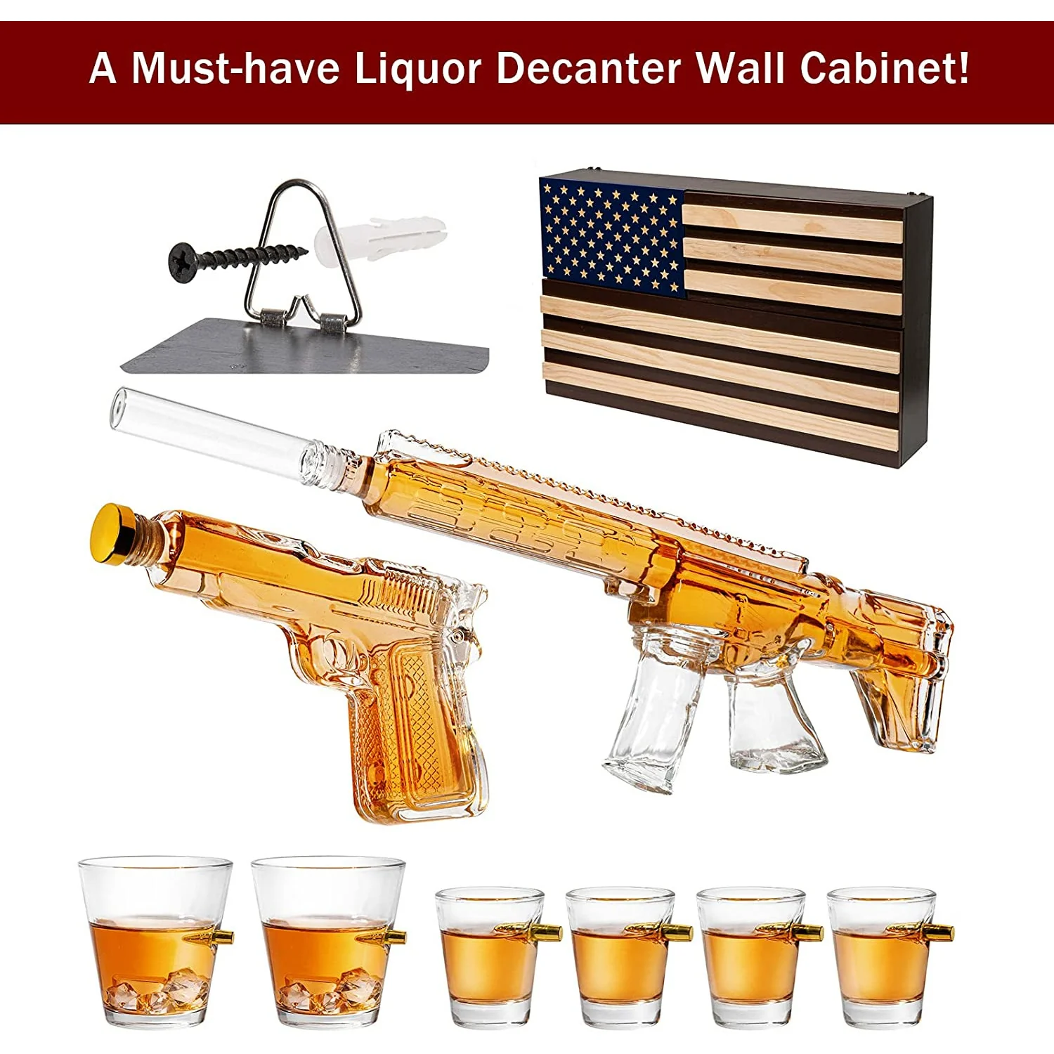 AR15 Whiskey Gun Decanter Flag Set - 1000ml Rifle & Pistol Set - Hanging Storage American Flag Gift Box & Bullet Glasses & Shot Glass, Great Gift for Army, Navy, Marines, Veterans & Gun Enthusiasts - Image 4