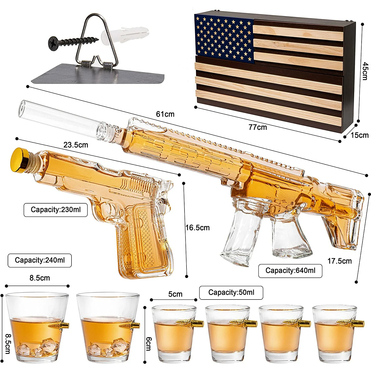 AR15 Whiskey Gun Decanter Flag Set - 1000ml Rifle & Pistol Set - Hanging Storage American Flag Gift Box & Bullet Glasses & Shot Glass, Great Gift for Army, Navy, Marines, Veterans & Gun Enthusiasts - Image 7