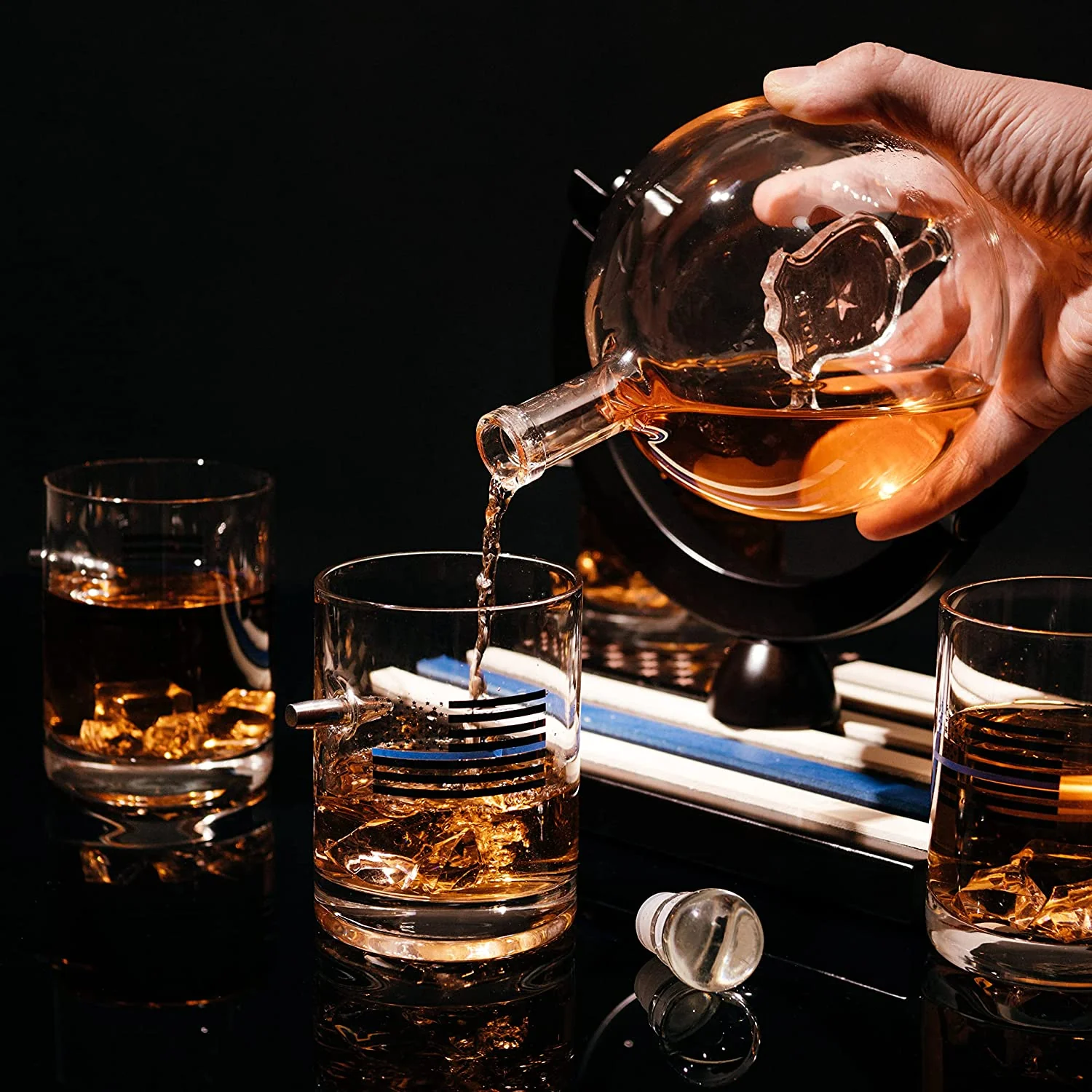 Police Officers Decanter - Whiskey and Wine Set 850ml & Four 10oz Glasses, Thin Blue Line Flag Base - Law Enforcement Gifts, Police & Police Academy, Gift Set First Responders! Gifts for Dad - Image 4