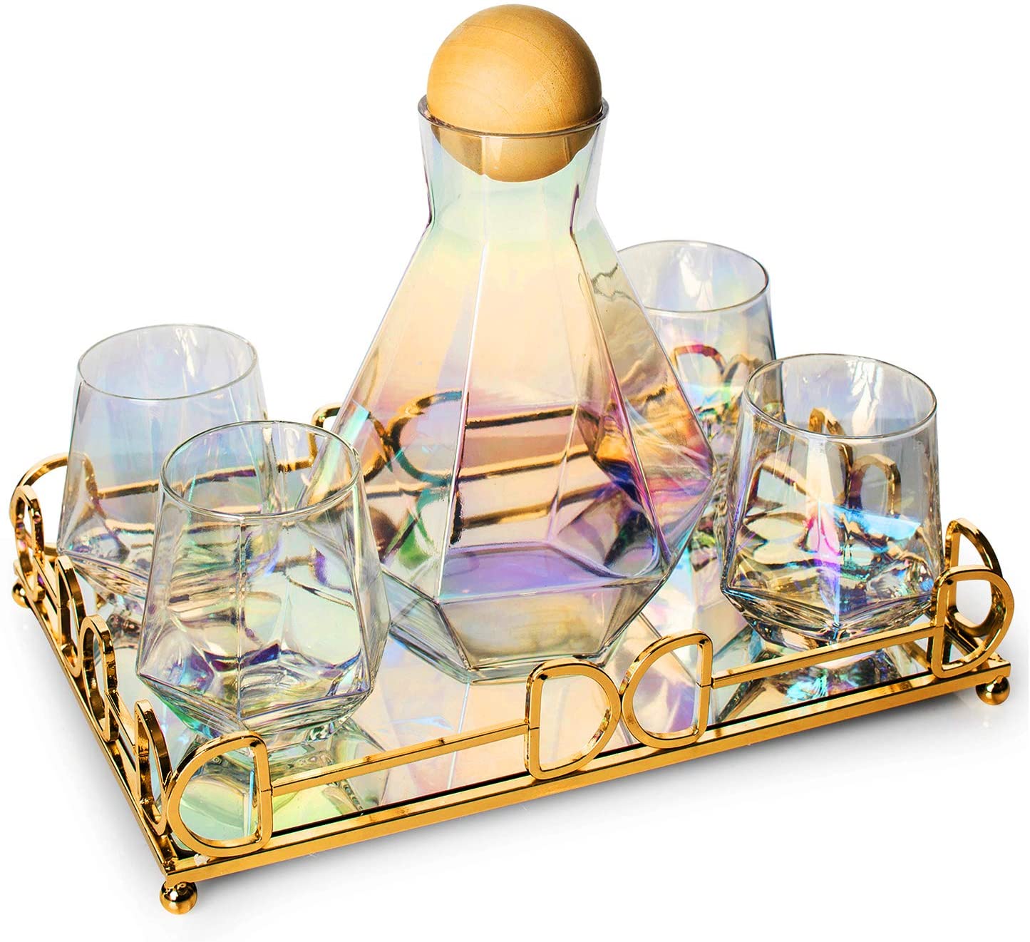 Diamond Iridescent Glass Diamond Decanter and Glasses Set, The Wine Savant Rainbow Iridescent Comes With A Diamond Decanter 4 Whiskey/Wine Diamond Glasses, 1 Tray and a Perfect Box - Image 4