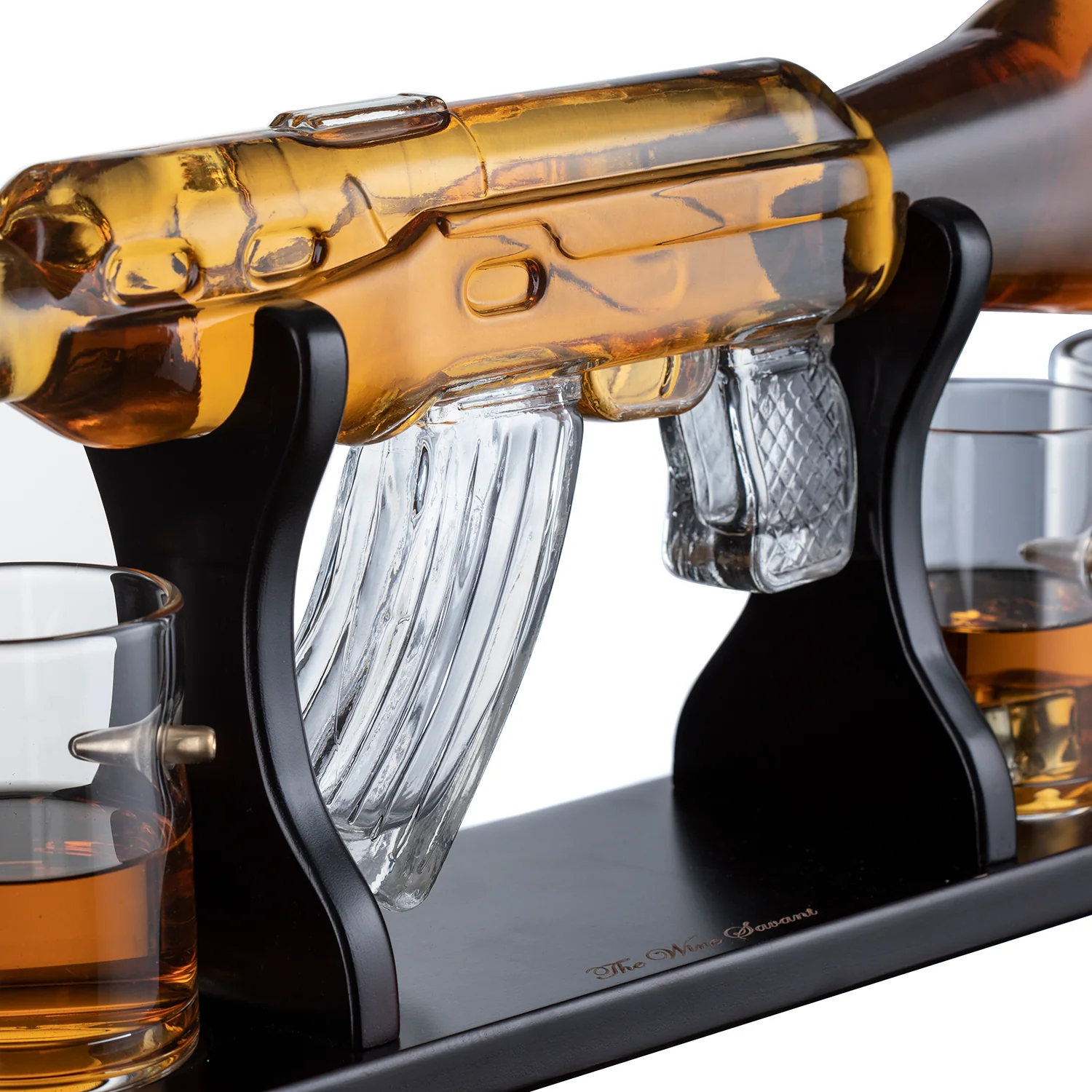 Gun Large Decanter Set Bullet Glasses - Limited Edition Elegant Rifle Gun Whiskey Decanter 22.5" 1000ml With 4 Bullet Whiskey Glasses and Mohogany Wooden Base By The Wine Savant - Image 3