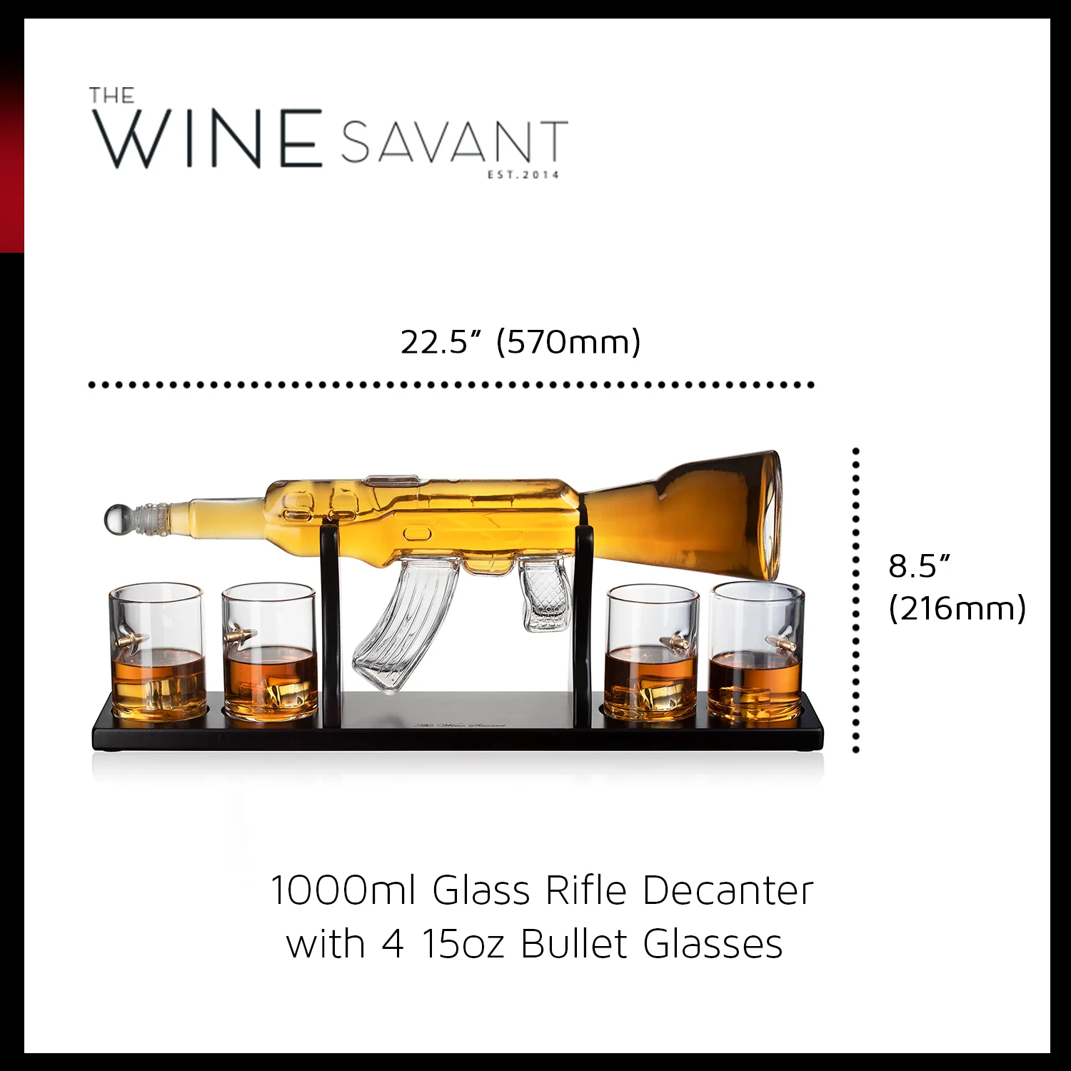 Gun Large Decanter Set Bullet Glasses - Limited Edition Elegant Rifle Gun Whiskey Decanter 22.5" 1000ml With 4 Bullet Whiskey Glasses and Mohogany Wooden Base By The Wine Savant - Image 6