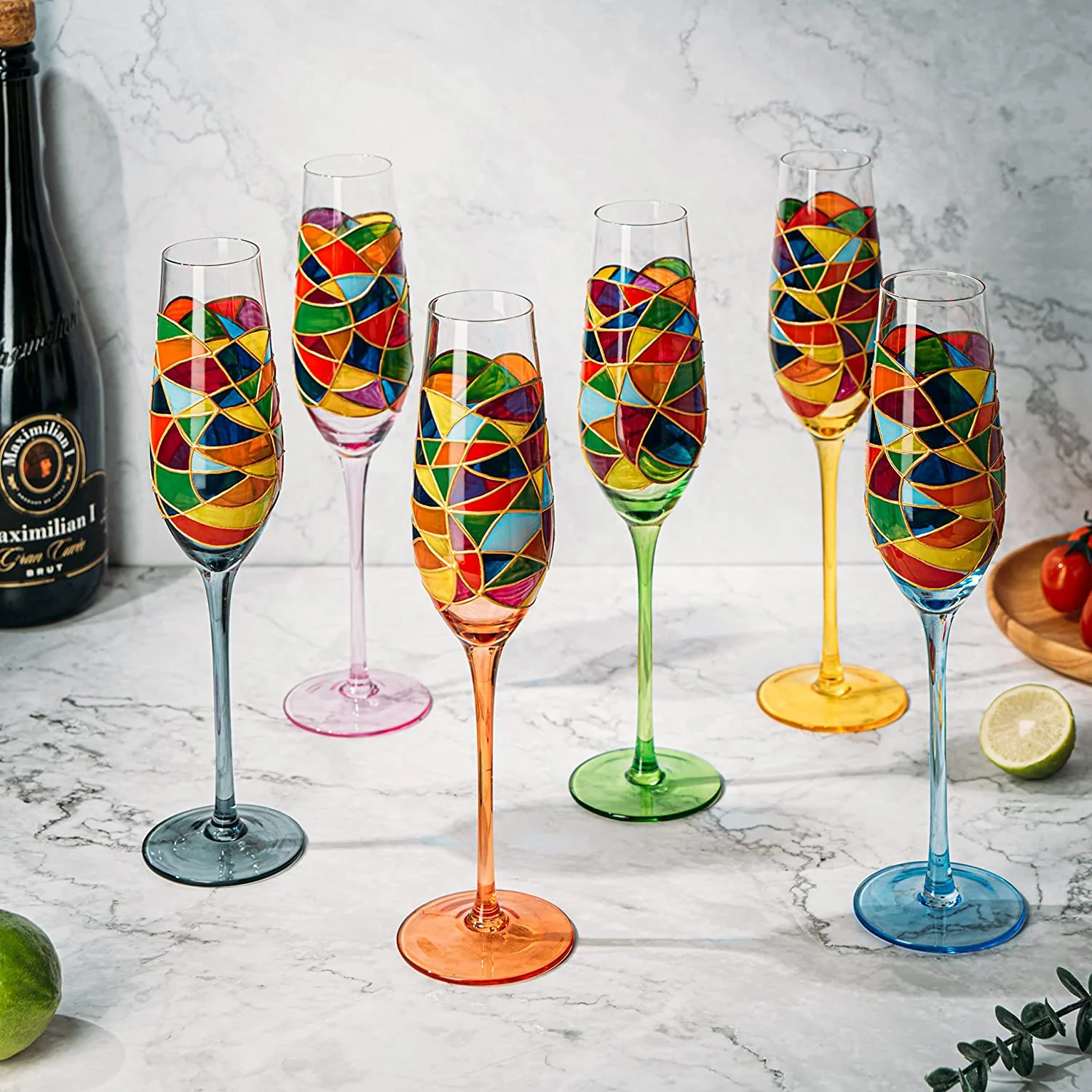 Stained Glass Champagne Flutes Set of 6 Hand Painted - Wine Savant - Hand Blown 7 Ounce Colorful Renaissance Champagne Glasses - 10.2" Tall, 2.7" Diameter Rainbow Multicolor Design Glassware - Image 3