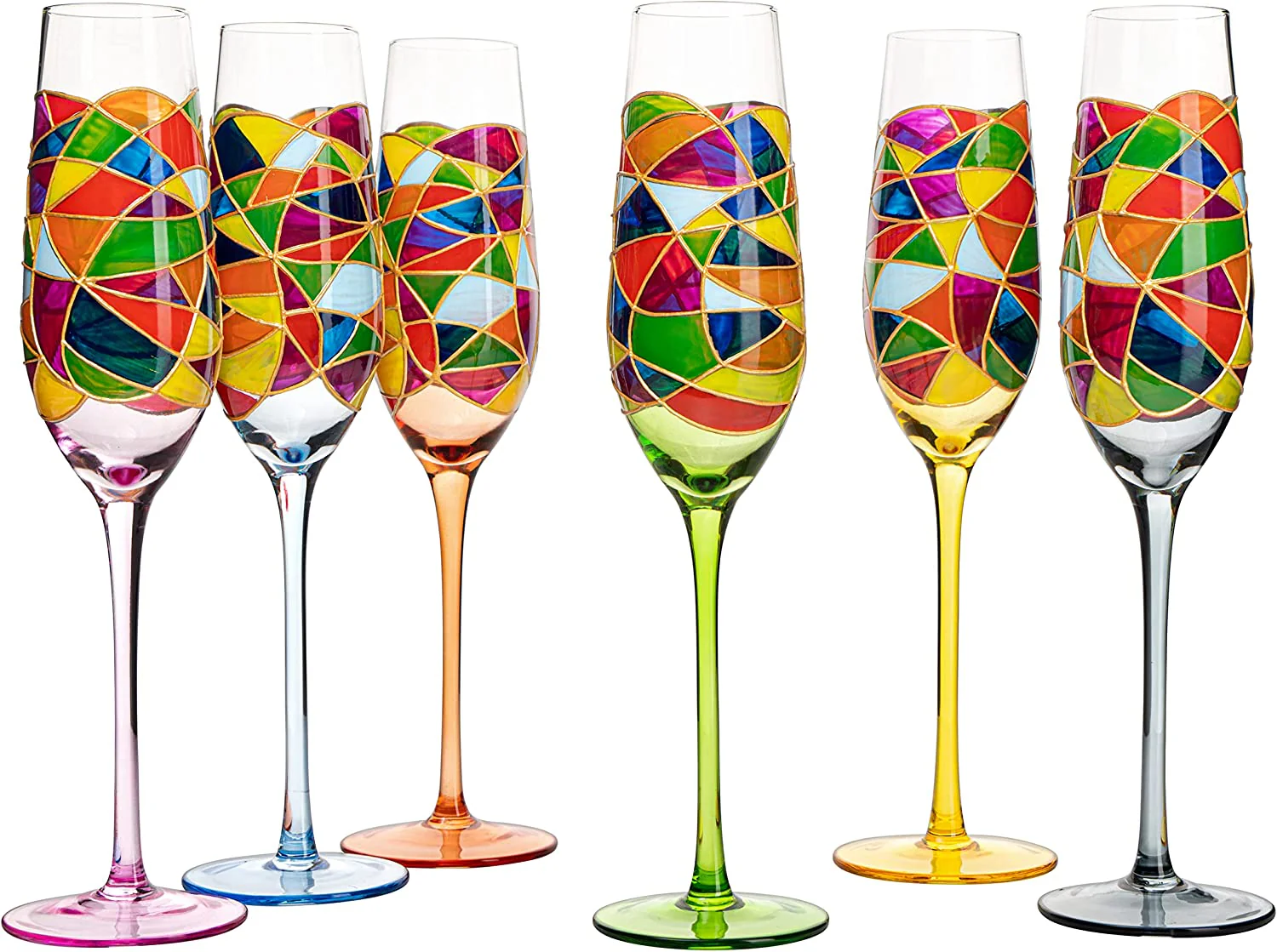 Stained Glass Champagne Flutes Set of 6 Hand Painted - Wine Savant - Hand Blown 7 Ounce Colorful Renaissance Champagne Glasses - 10.2" Tall, 2.7" Diameter Rainbow Multicolor Design Glassware - Image 5
