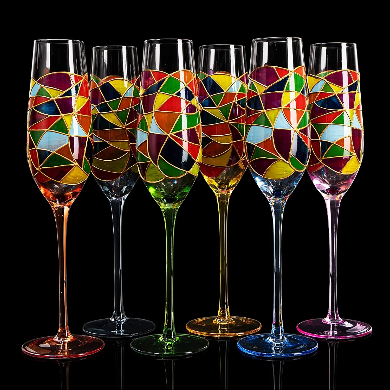 Stained Glass Champagne Flutes Set of 6 Hand Painted - Wine Savant - Hand Blown 7 Ounce Colorful Renaissance Champagne Glasses - 10.2" Tall, 2.7" Diameter Rainbow Multicolor Design Glassware - Image 6