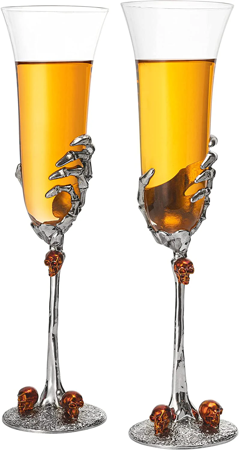 Stemmed Skeleton Champagne Glasses Set of 2 by The Wine Savant - 7oz Skeleton Glasses 9" H, Goth Gifts, Skeleton Gifts, Skeleton Decor, Spooky Champagne Gift Set, Unique Champagne Glasses, Perfect for Halloween Themed Parties! - Image 3