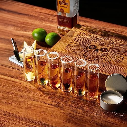 Tequila Shot Glass & Salt Gift Set for Men & Women | Six Agave Shot Glasses, Knife For Limes, One Skull Coaster, One Salt Tin | Skeleton Mahogany Wood Box Package For Tequila, Liquor Lovers - Image 3