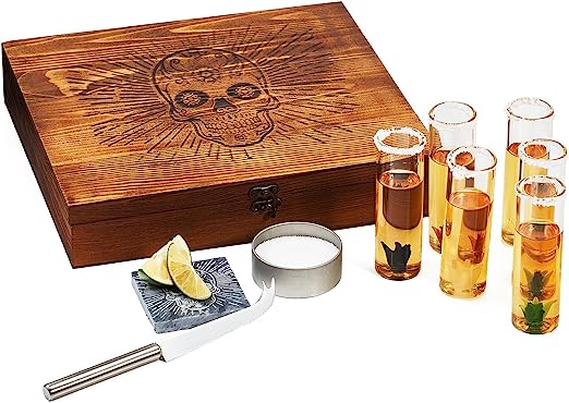 Tequila Shot Glass & Salt Gift Set for Men & Women | Six Agave Shot Glasses, Knife For Limes, One Skull Coaster, One Salt Tin | Skeleton Mahogany Wood Box Package For Tequila, Liquor Lovers - Image 4