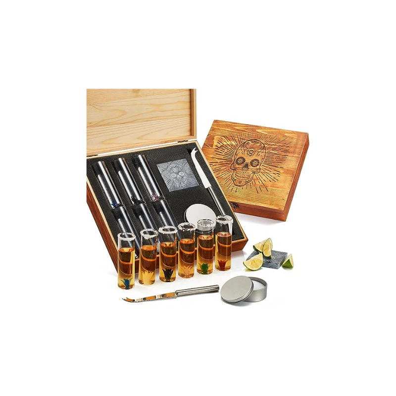 Tequila Shot Glass & Salt Gift Set for Men & Women | Six Agave Shot Glasses, Knife For Limes, One Skull Coaster, One Salt Tin | Skeleton Mahogany Wood Box Package For Tequila, Liquor Lovers - Image 8