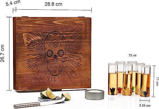 Tequila Shot Glass & Salt Gift Set for Men & Women | Six Agave Shot Glasses, Knife For Limes, One Skull Coaster, One Salt Tin | Skeleton Mahogany Wood Box Package For Tequila, Liquor Lovers - Image 9