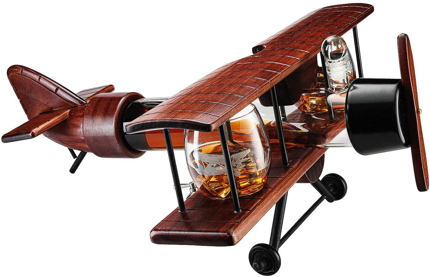 Whiskey & Wine Decanter Airplane Set and Glasses Antique Wood Airplane - The Wine Savant Whiskey Gift Set and 2 Airplane Glasses, Pilot Gift Moving Parts- Alcohol Related Gift, BAR DECOR Large 21" - Image 3