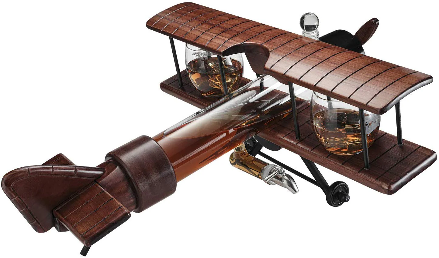 Whiskey & Wine Decanter Airplane Set and Glasses Antique Wood Airplane - The Wine Savant Whiskey Gift Set and 2 Airplane Glasses, Pilot Gift Moving Parts- Alcohol Related Gift, BAR DECOR Large 21" - Image 4
