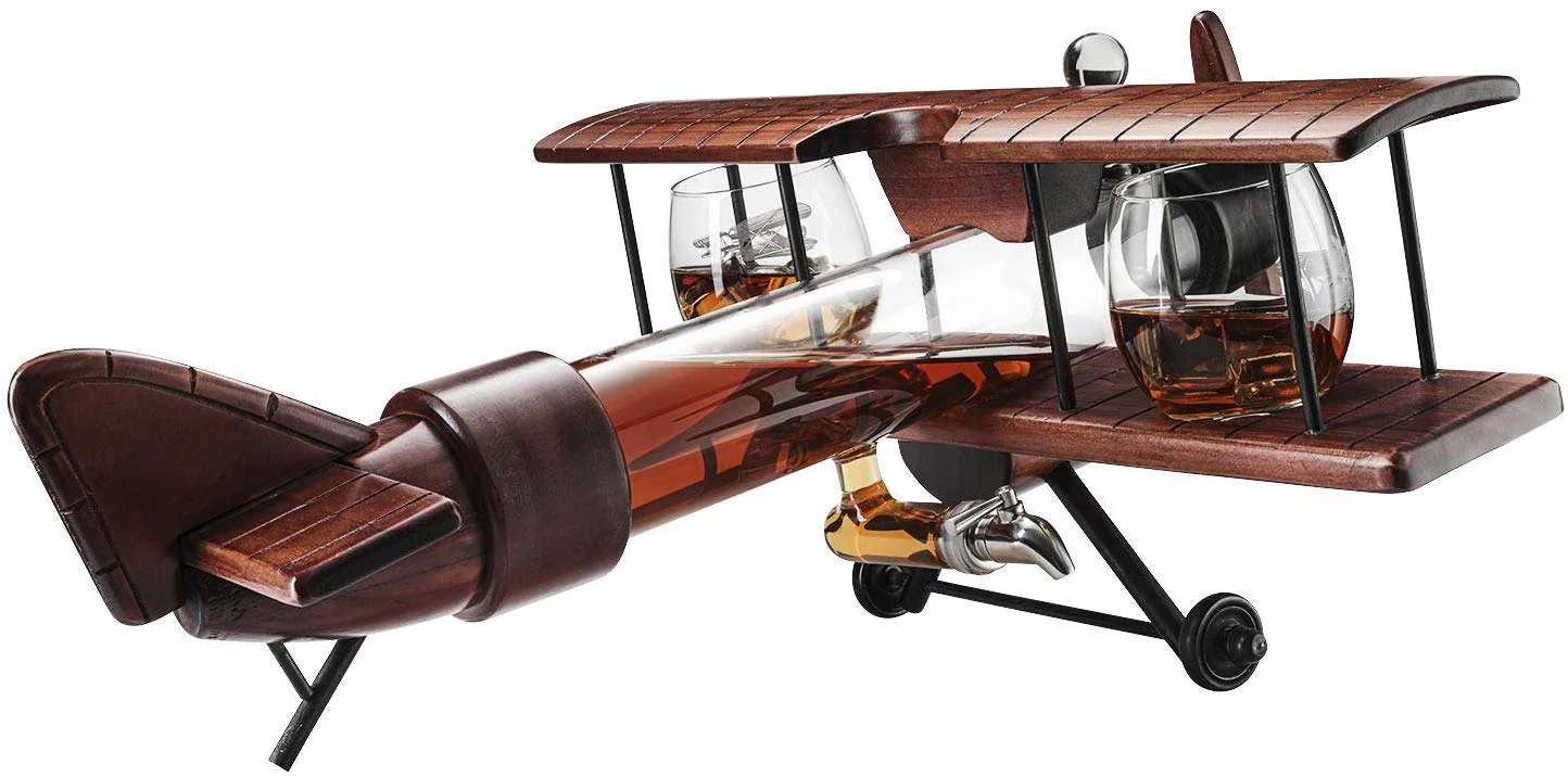 Whiskey & Wine Decanter Airplane Set and Glasses Antique Wood Airplane - The Wine Savant Whiskey Gift Set and 2 Airplane Glasses, Pilot Gift Moving Parts- Alcohol Related Gift, BAR DECOR Large 21" - Image 5